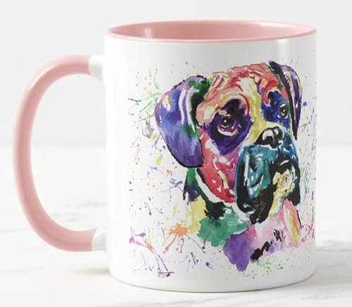 Vixar Boxer Bully Dog Pet Watercolour Art Coloured Mug Cup Gift Birthday Work Office Christmas Tea Coffee (Pink)