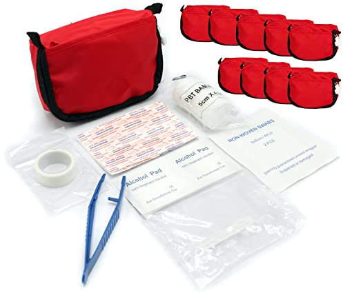 4business 10 Stück Mini Verbandtasche rot für Ersthelfer | Verbandmaterial zur Erstversorgung ideal unterwegs, Wandern, Outdoor, Fahrrad