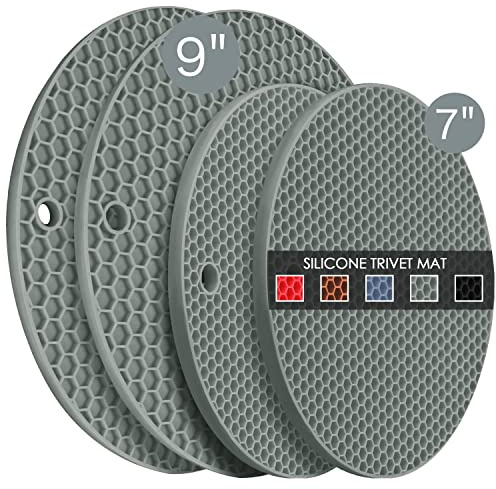 QPIX DIGITAL Silicone Trivet Mats, 2 Sizes 7 & 9 Inch Heat Resistant Hot Pads Pot Holders for Kitchen - Trivets Dishes, Multipurpose Non-Slip Mat, Spoon Holder, Drying Mat(Gray)