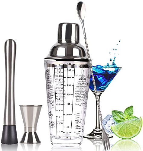 Kit shaker à cocktail en verre, shaker en verre à mélanger de 14 oz avec tasse à mesurer et cuillère à mélanger et kit de barman en acier inoxydable