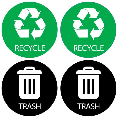 Recycle Sticker for Bin - Perfect Bin Stickers For Refuse Cans - 5 by 5 - Ideal Bin Signs for use in Home or Office - Suitable for Indoor or Outdoor use - 4 Pack - Green for Recycle, Black for Trash