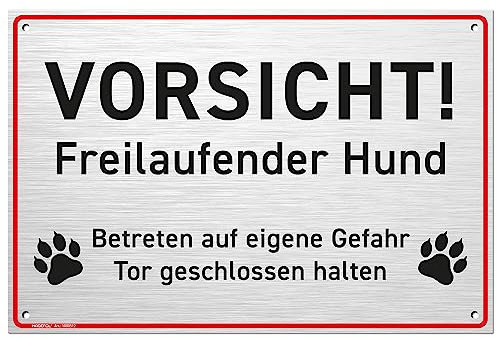 HAGEFOL Vorsicht Hund Schild - 30x20 cm (groß), Schild zur Warnung vor dem Hund, stabiles 3mm Hartschaum Schild (Aluminium gebürstet), Einheitsgröße