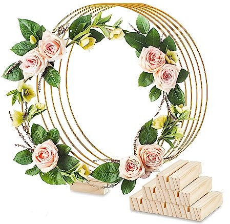 PEALOVCOM 12 Piezas Bases para Centro de Mesa de Flores Incluye 6 Arcos para Centro de Mesa de Boda y 6 Soporte de Madera para Tarjeras de Boda Anillo Dorado de Metal de 30 cm para Hacer Manualidades
