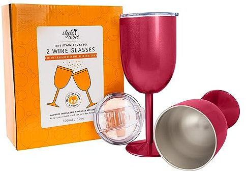 Stainless Steel Spillproof Wine Glasses - Set of 2 Leak Resistant Sliding Lid White Pink Black Rose Gold 300ml. Unbreakable Sustainable for Picnics Outdoor Travel (Pink)
