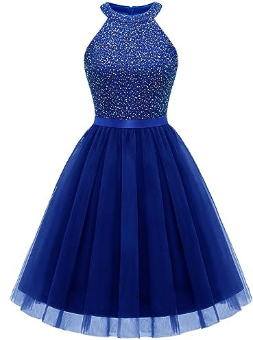 Dressystar Damen Pailletten Kleid Kurz Elegant Neckholder Cocktailkleid Abschlussballkleid Royalblau L