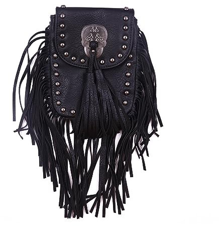 RARITYUS Frauen Weiche Leder Fransen Quaste Crossbody Tasche Punk Niet Schädel Hobo Schulter Handtasche Messenger Bag, Schwarz, Einheitsgröße