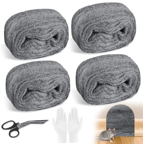 MeYuxg Pack of 4 5 m Steel Wool Against Mice, Effective Rat Proof Steel Wool for Holes and Wall Cracks of Home, Garden, for Cleaning and Polishing Steel Wool Fine, with Gloves