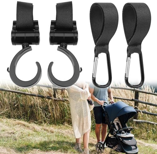 Gancio per Passeggino Rotanti 360,Ganci per Passeggino Universale,Ganci Passeggino,Ganci per Passeggino,Multiuso Gancio Clip per Passeggino Carrozzina Accessori,4 Pezzi,Nero