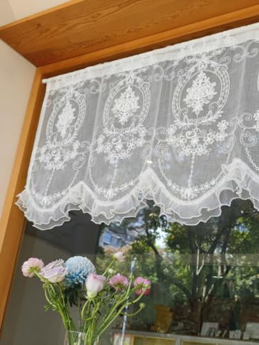 Devola Scheibengardine Barock Bistrogardine Französisch Küchengardinen mit Blumen Stickerei Gardine Spitze Weiß Transparente Deko Vorhänge Kurz HxB 65x54cm 1 Stück