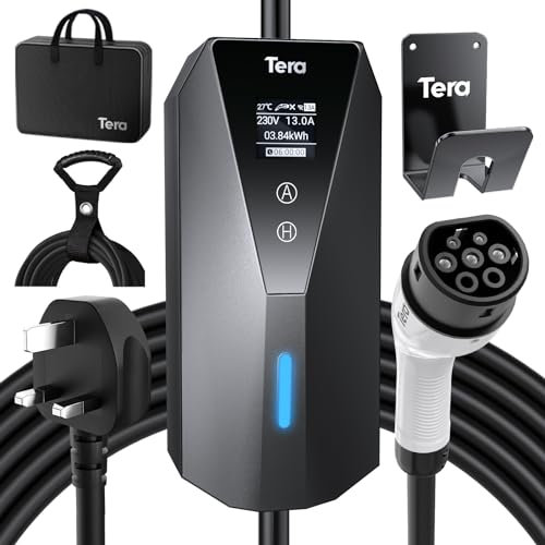 Tera EV Charger Portable Type-2: EV Wallbox for Outdoor Charging 7meter Charging Label 13A 3kW UK 3PIN Plug Adjustable Strom IP66 LCD Screen with Cable Holder Storage Bag P02 Black