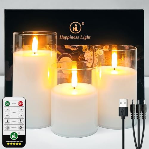 HL LED Kerzen Flammenlose im Glas, Wiederaufladbare mit Fernbedienung Timer Flackernde Kerzen, für Hochzeit Festival Weihnachten Home Decor, Set aus 3 Wachs Säulenkerzen, Weiß