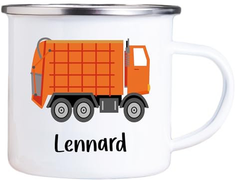 4youDesign Emaille Tasse Kinder personalisiert – Müllauto – Müllwagen Namenstasse – Geschenk für Jungen & Mädchen – Bruchsicher & Leicht – Geschenkidee zur Einschulung & Geburtstag - 300ml