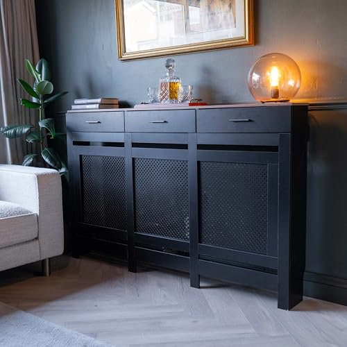 Jack Stonehouse Radiator Cover with Storage Drawer | Traditional Sturdy MDF Wooden Radiator Heater Grill Cabinet Covers For Living Room Bedroom Hallway Furniture (Diamond Slat - Black, Large)