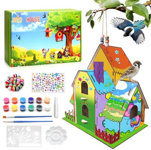 DIY Birdhouse Kit, Wooden 4 Rooms Bird House Arts Crafts with Paint for Kids Ages 5-8 8-12,Buildable DIY Villa Birdhouse Crafts Kits for Boys Girls Summer Arts Craft Projects, Boy Girl Gift Christmas