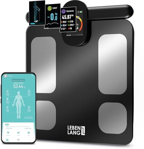 LEBENLANG Fitness Körperfettwaage mit Handsensoren - Großer Display & App Connect I 29 Messwerte bis 180 Kg I Körperwaage Waage mit Körperfett & Muskelmasse I Personenwaage Körperanalysewaage Scale
