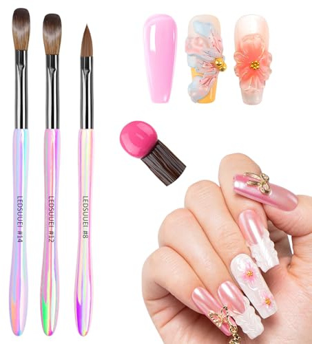 LEDSUUEI Kolinsky Pinceau acrylique pour ongles - Taille 8/12/14 - Pinceau pour poudre acrylique, pinceau de nail art pour ongles en gel, pinceau acrylique liquide pour salon de manucure professionnel