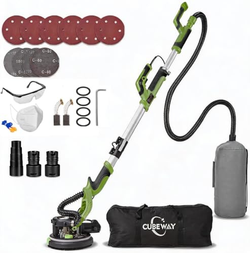 Ponceuse pour cloisons sèches, ponceuse murale 750 W avec système de vide automatique et girafe de ponçage Ø 214 mm avec sac d'aspiration, lumière LED, boîte de vitesses à 7 vitesses, meuleuse de