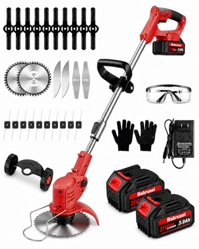 21V Akku Rasentrimmer, 2 x3,0Ah Akku und Ladegerät, 2 in 1 Elektrischer Freischneider/Rasentrimmer mit Akku, Leichter Rasenkantenschneider mit, 5 Messerarten für Rasen, Garten