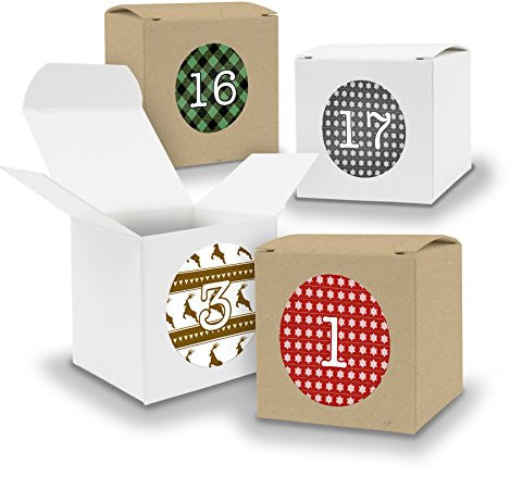 DIY itenga Adventskalender Set V06 zum Selberbefüllen 24x Würfel 6,5cm gemischt WEISS und BRAUN + ZahlenSticker (Motiv Z06 Rot Grün Weihnachtsmuster)