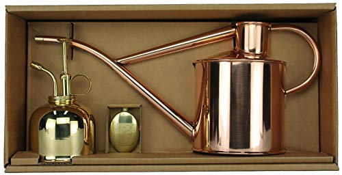 Haws Zimmergießkanne Kupfer 1 L und Pflanzensprüher Messing 300 ml im Geschenk Set