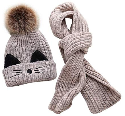 JFAN Set de Bufanda Gorro Niños Niñas Sombrero de Invierno para Niños Forro de Vellón 2-8 años Gorro de Pompón de Piel para Niños Pequeños Conjunto de Bufanda Sombreros de Punto(Beige)