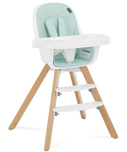 évolur Zoodle 3-in-1 High Chair in Mint | Convertible Wooden Baby Feeding Chair with Dishwasher Safe Removable Tray, Adjustable Footrest, Padded Cushion, 5-Point Harness for Infants & Toddlers
