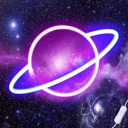 Taeku Luce al Neon Decorazione da Parete con Segno di Fulmine a LED per Natale Ricarica Usb luminosa Decorativa Sospesa Per Festa di Compleanno Stanza dei Bambini (Pianeta Rosa)
