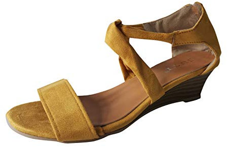 Julhold Keilsandalen Hausschuhe Damen Stoffriemen Offene Zehentasche Ferse Kreuzriemen Rutsche Sandale Lässige Strandschuhe(Gelb,38)