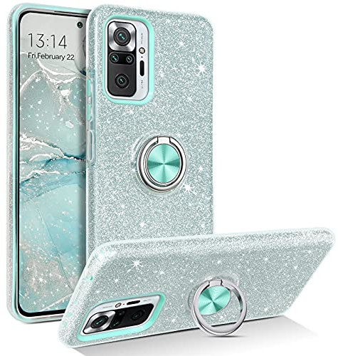 YINLAI für Xiaomi Redmi Note 10 Pro Hülle, Glitzer mit 360° Ring Ständer, Stoßfeste Cover Case für Xiaomi Redmi Note 10 Pro/Pro Max, Silber Mint