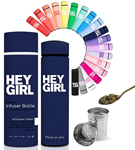 Hey Girl Tea Infuser Bottle 450ml - Insulated Stainless Steel Water Bottle - Tea Tumbler with Tea Diffuser - Portable Travel Mug for Loose Leaf Tea & Infused Water - Tea Lovers Gifts for Women