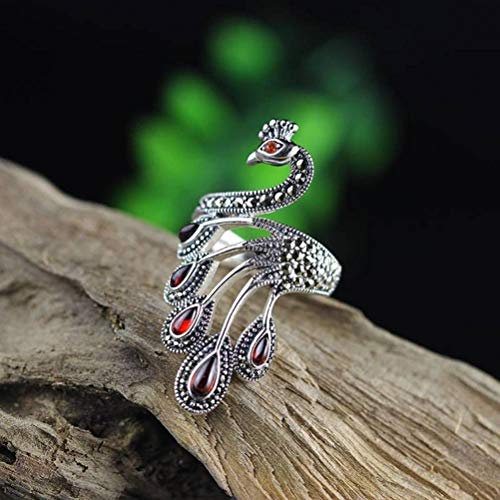 Stil Ringschmuck Reiner Silberring Schmuck Matte Persönlichkeit Kunsthandwerk Thai Silber Öffnung Schwarzer Achat Weiblicher Pfau Ring? Gelber Chalcedon, C-F, Pfau Granat