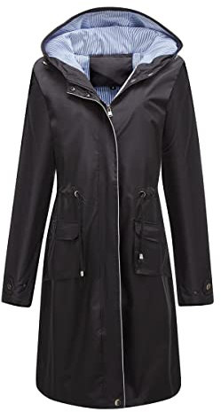 YUNCLOS Femme Manteau Imperméable Elégant Coupe-Vent à Capuche Long Veste de Pluie Slim Fit Couleur Unie ,Noir,XXL