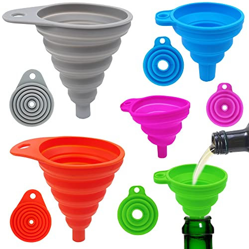 Imbuto Pieghevole in Silicone Set,5 pezzi Imbuto Cucina Pieghevole in Silicone - Risparmia Spazio - 4 Taglie - per Polveri da Cucina,Olio, Acqua,5 Colori