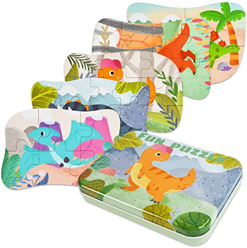 EKKONG Kinderpuzzle, 5 Bilds Dinosaurier Holzpuzzle für Kinder, Holzpuzzle ab 3 4 5 Jahren, Montessori Spielzeug Puzzle, Geschenk für Jungen Mädchen