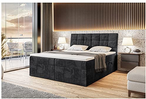 MEBLINI Boxspringbett mit Bettkasten - Gepolstert Doppelbett mit Matratze und Topper - Polsterbett mit Stauraum - Bett mit Kopfteil - Stauraumbett - Drago - 160x200 - H3/Schwarz Samt