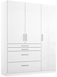 Rauch Möbel Homburg Schrank Kleiderschrank Drehtürenschrank Weiß / Hochglanz Weiß 3-türig mit 4 Schubladen inkl. Zubehörpaket Basic 3 Einlegeböden, 1 Kleiderstange BxHxT 136x197x54 cm