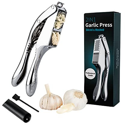 Knoblauchpresse Edelstahl Klinge Gehäuse aus Aluminiumlegierung 2IN1 Knoblauchschneider Strapazierfähig mit Reinigungsbürste und Knoblauchschäler Garlic Press Knoblauch Crusher für Knoblauch Nuss