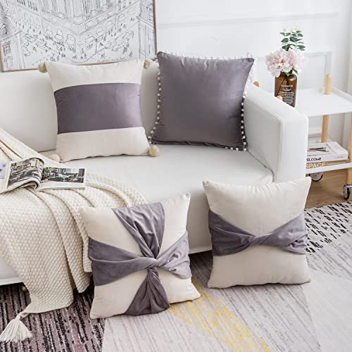 FabThing 4er-Set Kissenbezug Dekorative Kunstleder Kissenhülle Morden Design Sofakissen Samt Dekokissen Lendenkissen Einfarbig für Sofa Schlafzimmer 45x45cm Grau