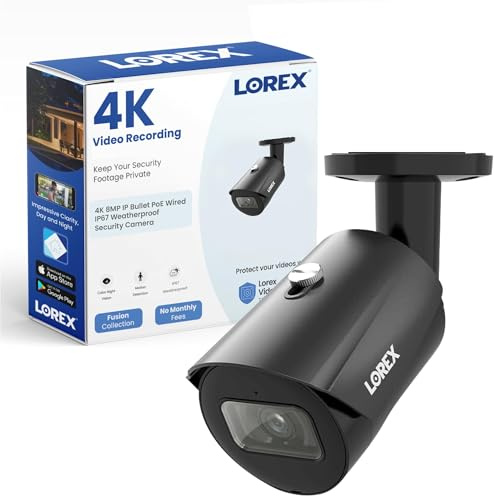 Lorex 4K 8MP IP Bullet PoE Wired Security Camera – Indoor/Outdoor IP67 Weatherproof, Color Night Vision, Long-Range IR, Smart Motion Detection (Person/Vehicle) & Listen-in Audio Black