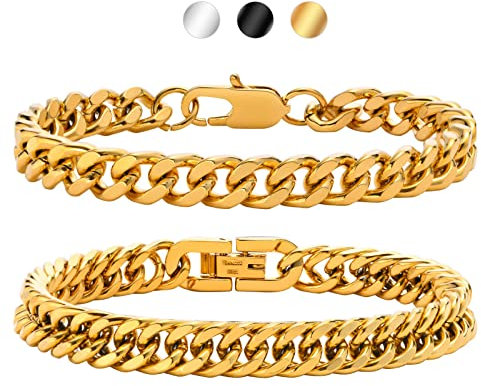 Armband Herren Jungs Edelstahl 2 Stücke- Herrenarmbänder Silber/Schwarz/Vergoldet Herren Armband Panzerkette 19/21/23 cm Geschenk für Ihn DAD Freund Ehemann Bruder (Vergoldet, Zentimeter, 23.00)