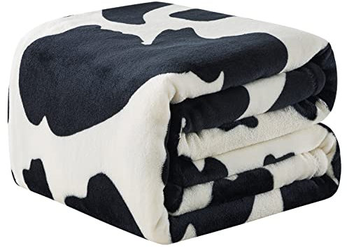 HOZY Flanell-Fleecedecke mit Kuh-Aufdruck, für großes Bett, antistatisch, super weich und bequem, leichte Mikrofaser, für den Winter, Sofa, Bett, 130 x 150 cm (Schwarze Kuh)