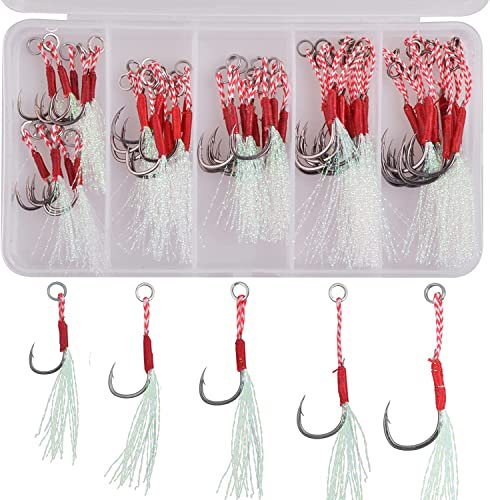 Assist Angelhaken Kit-50stk Salzwasser kleine Jig Angelhaken mit Kristallblitz, Jigging Hilfshaken Jigging Angelhaken Köderhaken Set