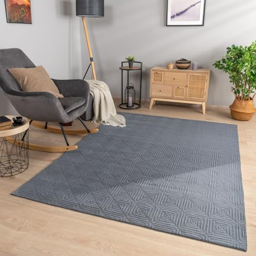 TT Home Wohnzimmer Teppich Esszimmer Kurzflor Geometrische Optik Skandi Boho Unifarben, Farbe:Grau Anthrazit, Größe:120x160 cm