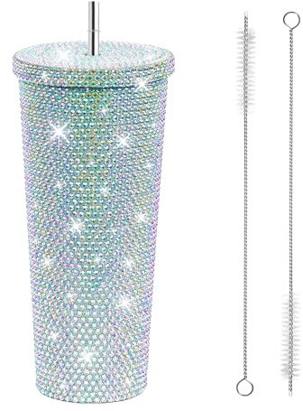 Winter Shore 750 ml Strass-Trinkbecher mit Deckel und Diamond Tumbler - Glitzernder Edelstahl Thermobecher Kaffee To Go mit 2 Bürsten - Hält Wasser, Kaffee und Getränke 4 Stunden Lang Kalt oder Heiß