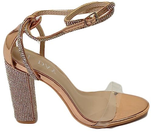Sandalo Donna Gioiello Oro Rosa Tacco Largo con Strass Fascia Trasparente 10cm Cerimonia Allacciatura alla Caviglia Moda (37 EU)