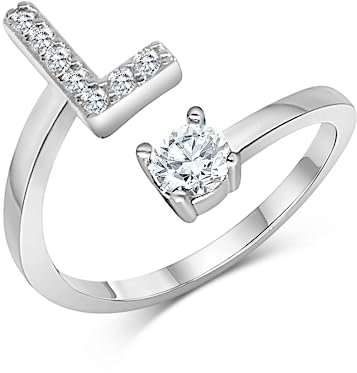 Zelaro Silber Ring mit Buchstabe | Zirkonia Ring mit Initialen | Pärchen Ringe für Mädchen Geschenk für Freundin | Frauen Ring als Schmuck Ringe zum Jahrestag | Verstellbare Ringe in Silber (L)