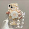 Rokmym Compatible with iPhone 14 Plus Case with Flowers Glitter Pearl Bracelet Chain Strap Case with Stand Protection Wave Edge TPU Pearl Design Women Girl Case for iPhone 14 Plus