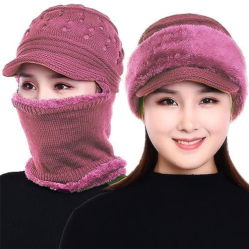 Rayson Cagoule Femme Hiver Tricoté Chaud Bonnet avec Cache Cou Doublé Polaire Unisexe Balaclava pour Ski Sports de Plein Air(Rose)