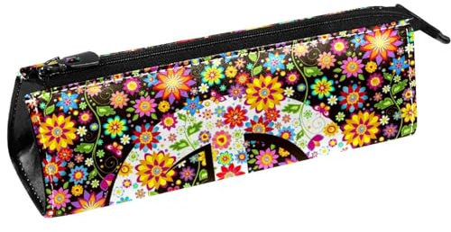 Hippie Blumen Frieden Symbol Stift Tasche Schreibwaren Beutel Bleistift Tasche Kosmetik Beutel Tasche Compact Zipper Tasche, multi, 5.5 ×6 ×20CM/2.2x2.4x7.9 in, Taschen-Organizer