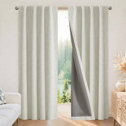 Joydeco 100% Blickdichte Vorhänge mit Schlaufen Verdeckten Leinenoptik, Verdunkelungsvorhang Stangendurchzug Gardinen Thermovorhang Leinen Hitzeschutz für Wohnzimmer